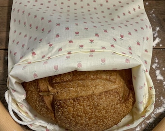 Cream Tulip Cotton Bread Bag, Reusable Drawstring Bread Storage, Floral Sourdough Keeper, Farmhouse Kitchen Decor, Artisan Bag, Baker Gift