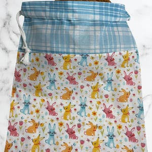 Easter Bunny Bread Bag, Reusable Cotton Boule Sack, Light Blue Checkered Top, Sourdough Storage Keeper, Easter Kitchen Decor, Eco Friendly