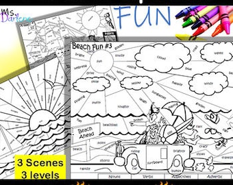 Beach Parts of Speech Coloring Pages, Homeschool Printable (Digital Download)