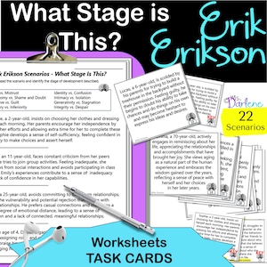 Escenarios de Erik Erikson / Descarga instantánea / Guía de estudio de psicología / ¿Qué etapa es esta? / Desafío / Hoja de trabajo / 22 tarjetas de tareas / SIN PREPARACIÓN