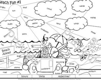 Beach Parts of Speech Coloring Worksheet, Noun Verb Adjective (Digital Download)
