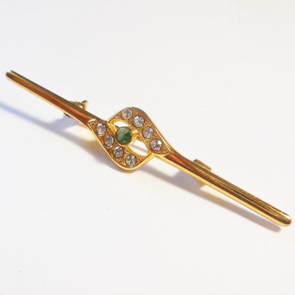 Vintage Pin Yellow Golden Tone Metal Rhinestones Green Stone Brooch Jewelry