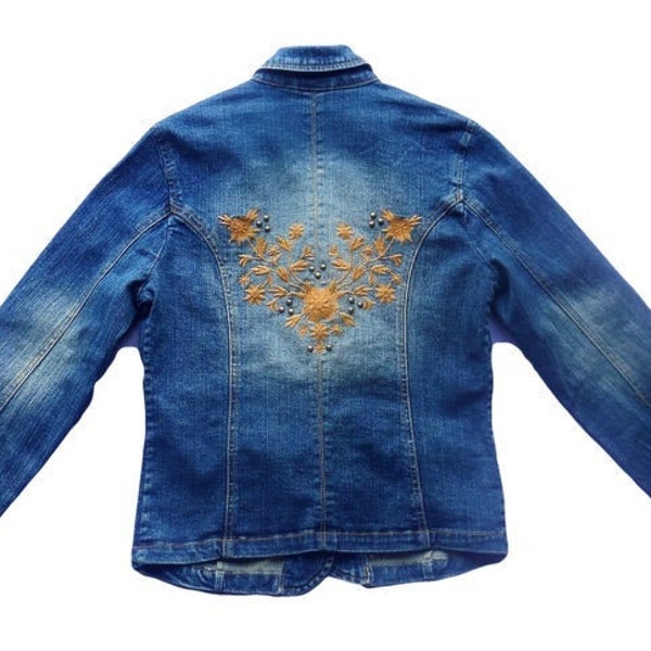 Blue Denim Jacket Embroidered Blazer Floral