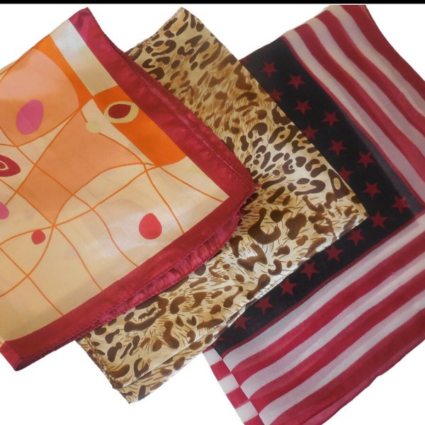 Lot of 3 vintage scarves Small square neckerchief satin chiffon Retro Fashion