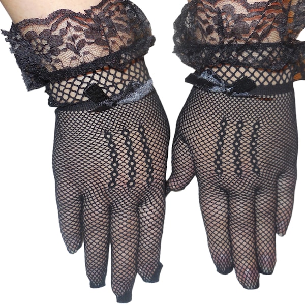 Vintage Gloves 9" Black stretchy mesh net Formal Wear Special Occasion Accessories Evening Ball Opera