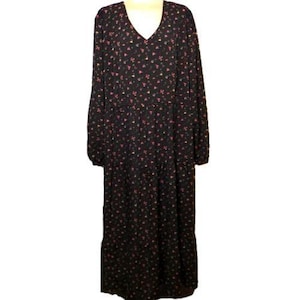Vintage Maxi Dress 5XL black floral long sleeve v-neck
