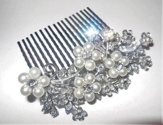 Hair Comb Rhinestones White Pearl Silver Tone Bri… - image 4