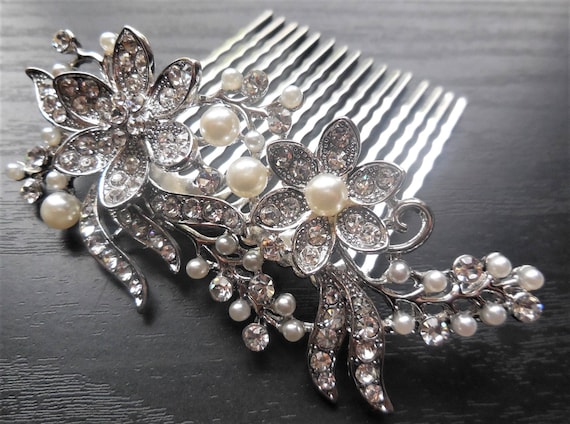 Hair Comb Rhinestones White Pearl hair accessorie… - image 1