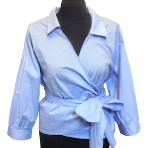 Wrap Blouse 1XL Cotton Shirt Light Blue career wear top office wear