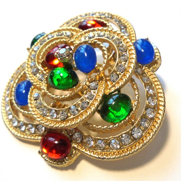 Vintage Brooch golden tone colorful rhinestones sparkly elegant statement classic pin retro jewelry