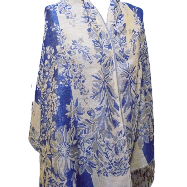 Vintage Floral Shawl - Blue and Champagne Lightweight Elegant Scarf Pashmina - 66" x 26.5"