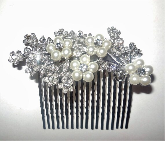 Hair Comb Rhinestones White Pearl Silver Tone Bri… - image 2