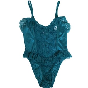 1980s Vintage Teddy Bodysuit MEDIUM teal satin lace lingerie undergarment