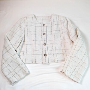 Vintage Jacket Elegant Cropped White-Golden Plaid long sleeve button-down