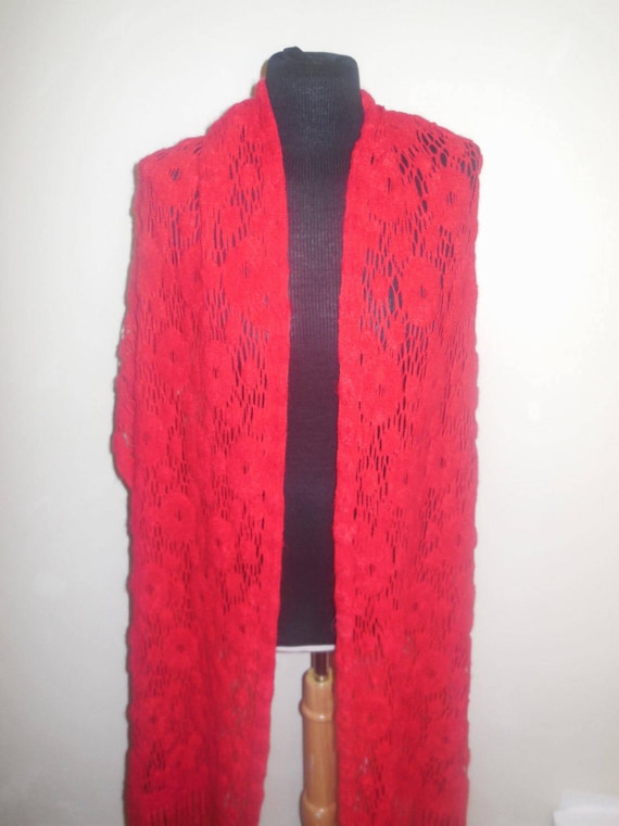 Vintage Shawl Red Long Fringle Lace Scarf Shoulde… - image 6