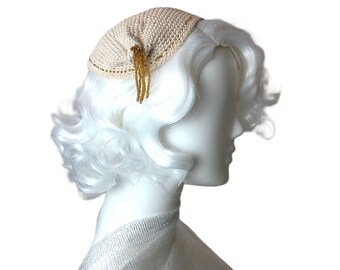 Vintage Hand-Crocheted Pillbox Fascinator Hat with golden beaded tussle