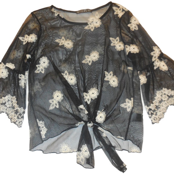 Blouse Black Floral Embroidered Lace Sheer Bell Sleeve evening special occasion holiday party