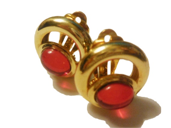Clip on Earrings Red Golden Tone Metal Large Vint… - image 1