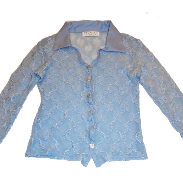 Blouse Lace Blue Sheer Button-down shirt
