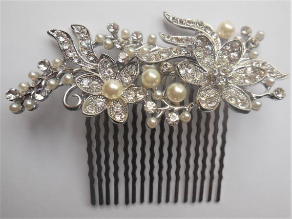 Hair Comb Rhinestones White Pearl hair accessorie… - image 2