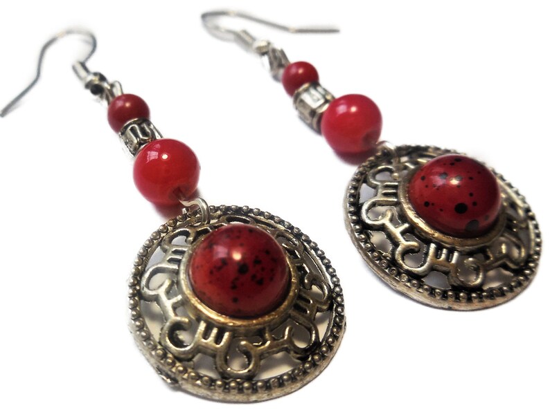 Earrings Dangles Beaded Red Silver Tone Metal
