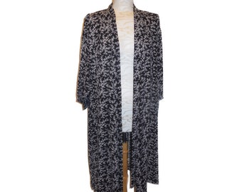 Kimono Duster Coat Black-White Floral Lightweight Cardigan Summer Open Front Top Shrug