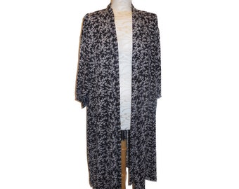 Kimono Duster Coat SMALL Black-White Floral Lightweight Cardigan Summer Open Front Top Shrug