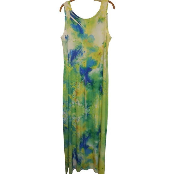 Maxi Dress 2X Jersey Stretchy neon tie dye colorful long sleeveless summer sundress plus size