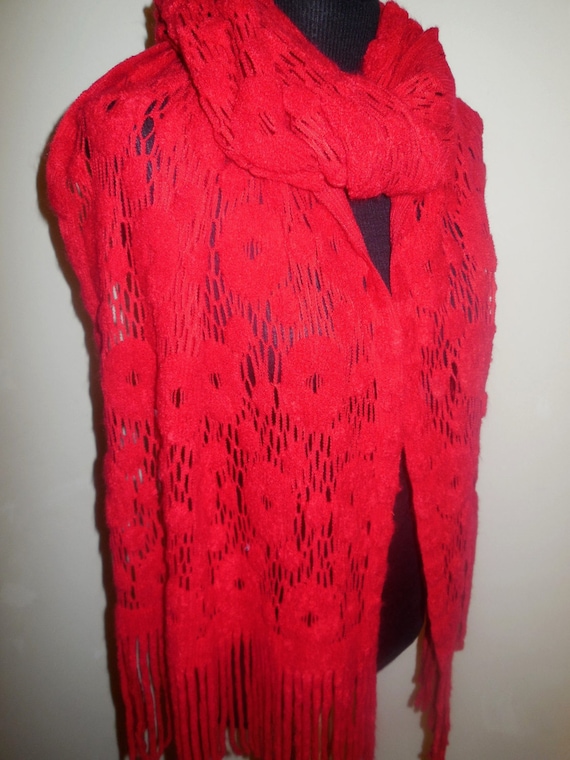 Vintage Shawl Red Long Fringle Lace Scarf Shoulde… - image 4