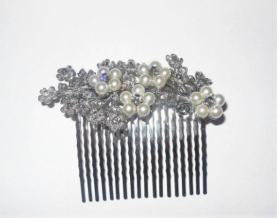 Hair Comb Rhinestones White Pearl Silver Tone Bri… - image 1