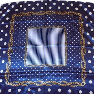 Vintage Scarf 35&quot; Square Satin white-navy blue-white classic nautical print neckerchief retro polka dot