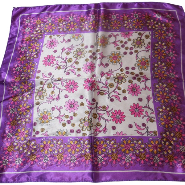 1980s Vintage Scarf 19" Square silky satin purple floral print neckerchief retro summer