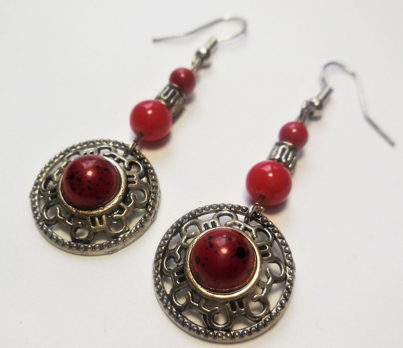 Earrings Dangles Beaded Red Silver Tone Metal
