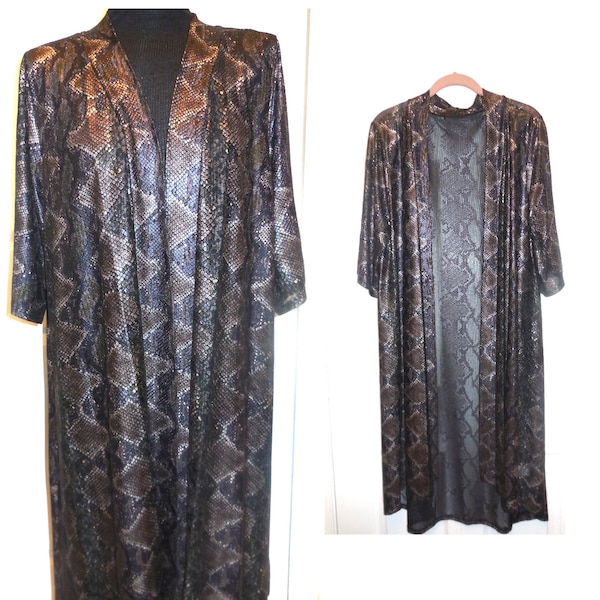 Vintage Duster Coat PLUS SIZE Metallic snake print plus size lightweight cardigan dressy evening wear over a dress top jacket retro disco