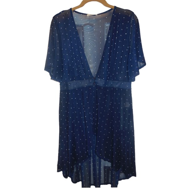 Blouse Blue Polka Dot Sheer Cardigan Duster Top Short Sleeve blue lightweight summer shrug