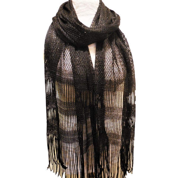 1970s Vintage Retro Fishnet Shawl Black Lurex Long Scarf with Fringe