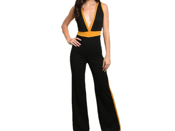 1970s Vintage Jumsuit Black Bell Pants