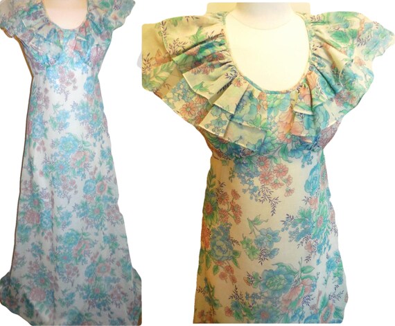 1970s Vintage Maxi Dress Ruffled Floral Summer - image 1