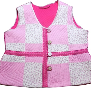 Vintage Vest Quilted Patchwork Cotton button down pink floral size Large Petite country style