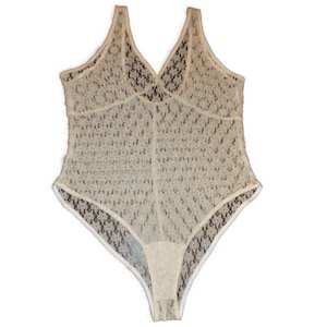 1980s Vintage Teddy Bodysuit XL Stretch Lace Ivory Color Lingerie Undergarment Intimates