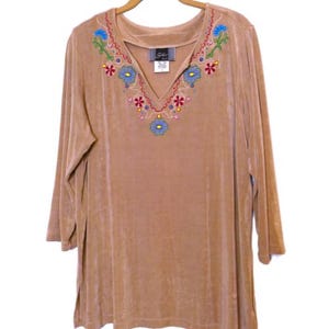 1990s Vintage Tunic Slinky Brand LARGE 3/4 Sleeve jersey knit top blouse embroidered hippie bohemian