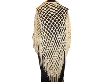 Shawl Crochet Handmade Ivory Fringed Fishnet Triangle Scarf Wrap