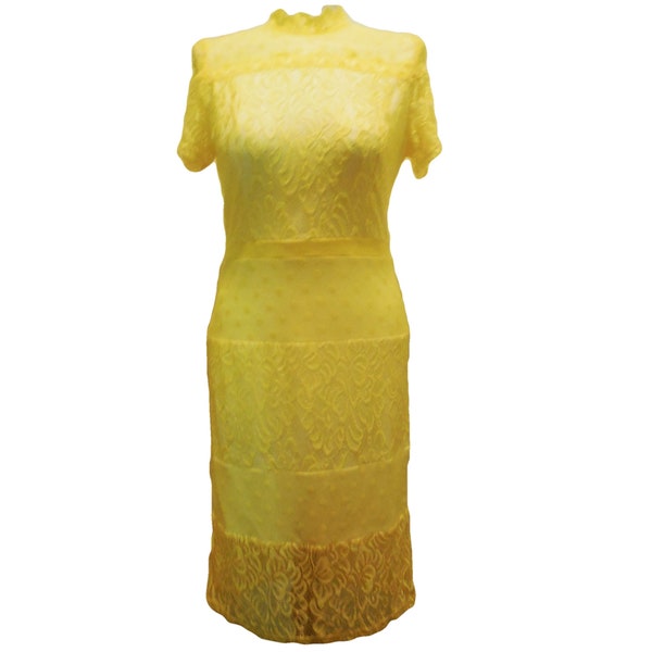 Vintage Dress SMALL Lace Yellow Short Sleeve slim fit