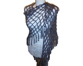 Shawl Crochet Handmade Fringed Fishnet Large Triangle Gray
