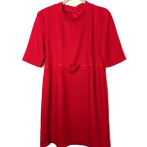 Vintage Red Knit Dress SMALL High Neck, Short Sleeve, Rosette Waist Detail Mod Minimalist Classy Elegant Feminine