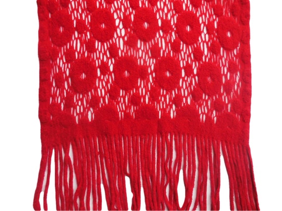 Vintage Shawl Red Long Fringle Lace Scarf Shoulde… - image 1
