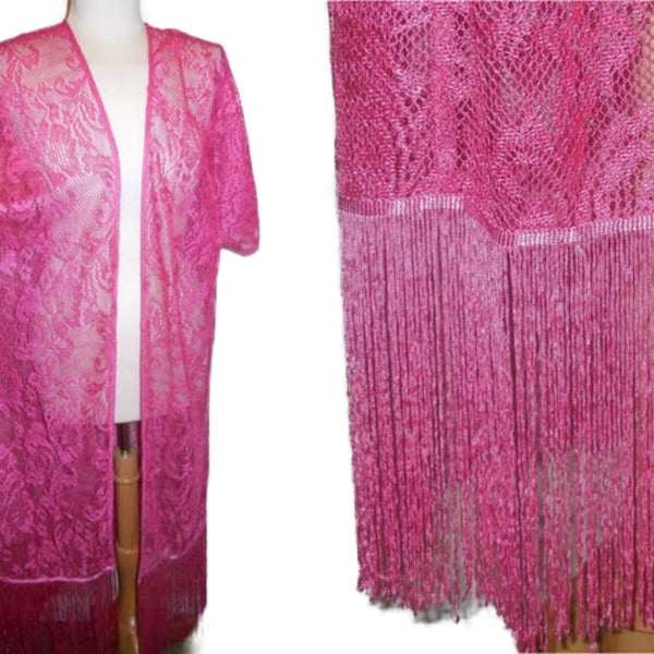 1970s Vintage Cardigan Duster Coat Sheer Lace Pink Long Fringe Short Sleeve long hippie boho retro rpmantic feminine
