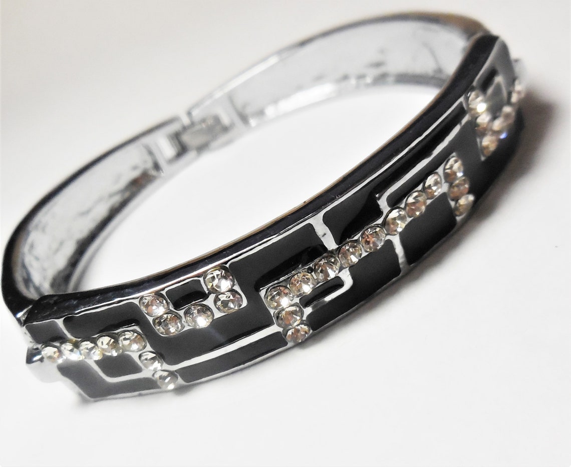 Vintage Bangle Bracelet Silver Tone Metal Black Enamel Etsy