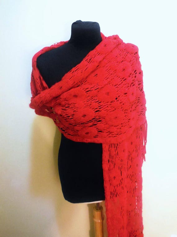 Vintage Shawl Red Long Fringle Lace Scarf Shoulde… - image 5