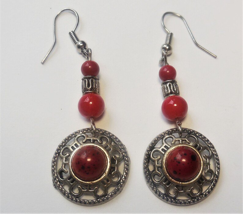 Earrings Dangles Beaded Red Silver Tone Metal